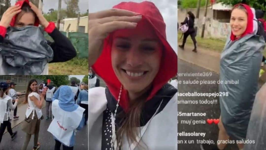 Pampita cumplió su promesa de ir caminando a Luján y la sorprendió la lluvia: “Me pongo una bolsa de residuo y listo, está bárbaro este sistema”