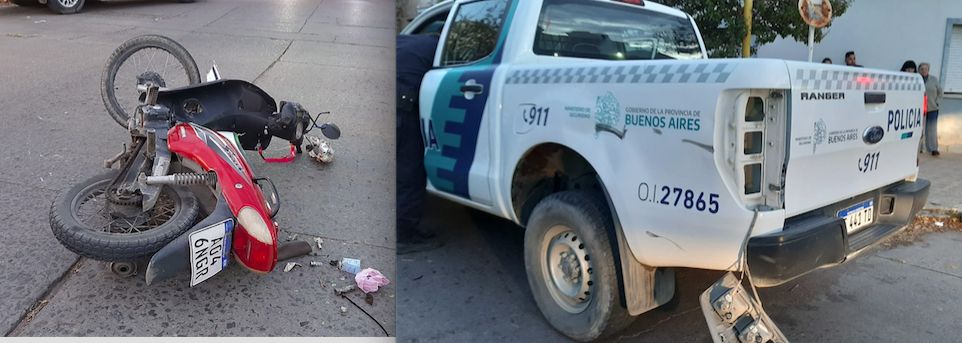 Patrullero de comisaría y una moto colisionan en una esquina