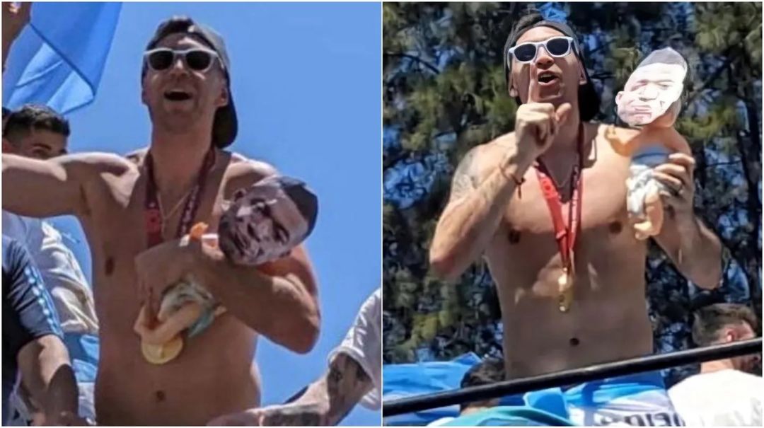 Dibu Martínez se mostró en la caravana con un muñeco con la cara de Mbappé y desató la furia en Francia