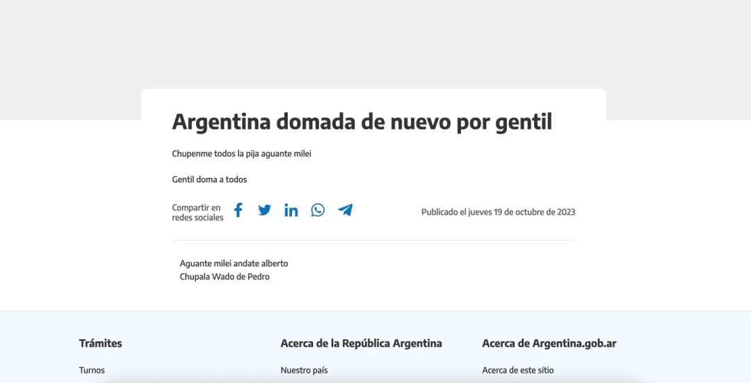 “Aguante Milei andate Alberto”: hackearon la web de argentina.gob.ar