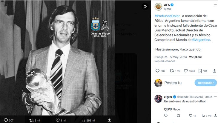 El mensaje de la AFA por el fallecimiento de César Luis Menotti