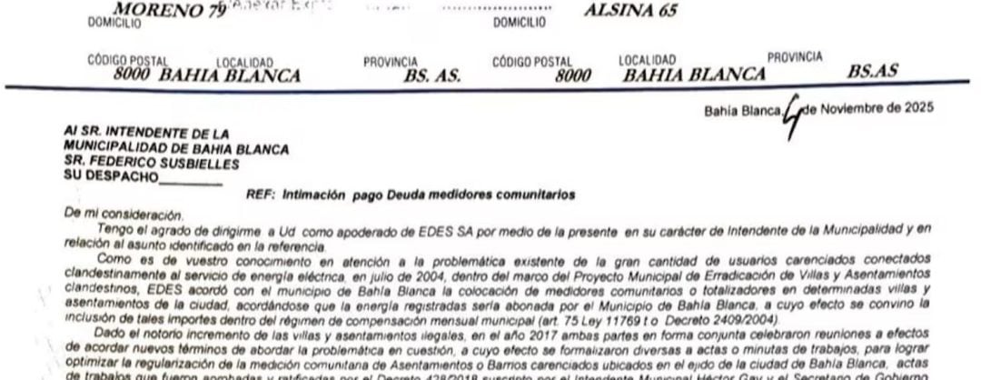 EDES intimó al Municipio por una deuda de $7.500 millones y advirtió que podría cortar el servicio en barrios vulnerables