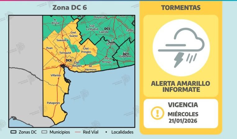 Alerta amarilla por tormentas en el sudoeste bonaerense: lluvias, ráfagas y posible granizo