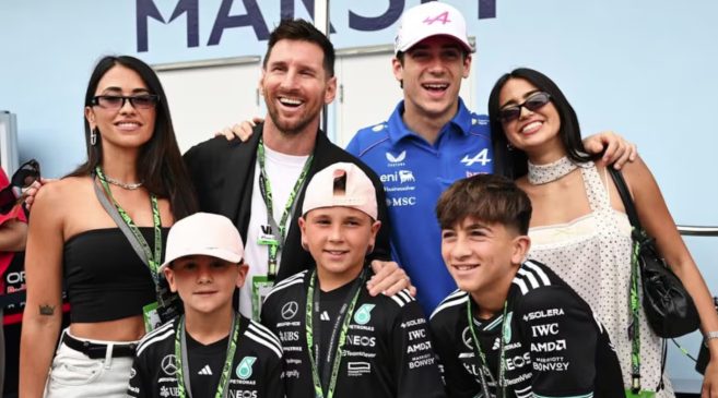 Ya es meme: la divertida reacción de Maia Reficco cuando se encontró con Messi antes de ver correr a Colapinto