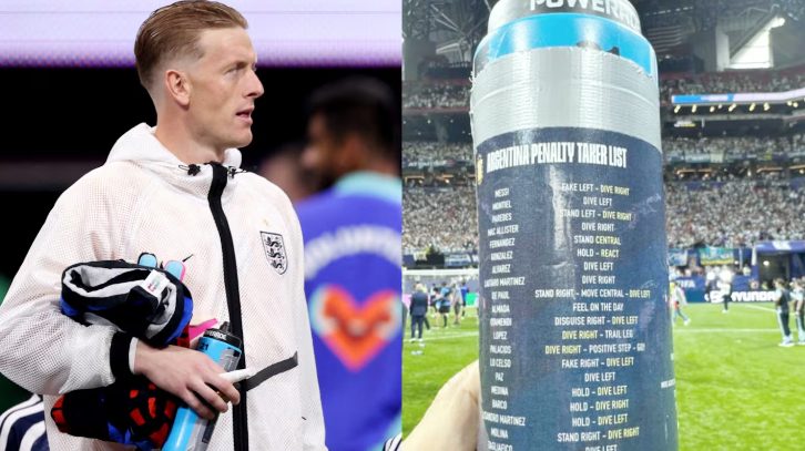 Un ayudante de Scaloni mostró lo que decía la botellita del arquero de Inglaterra y se burló: “Lástima”